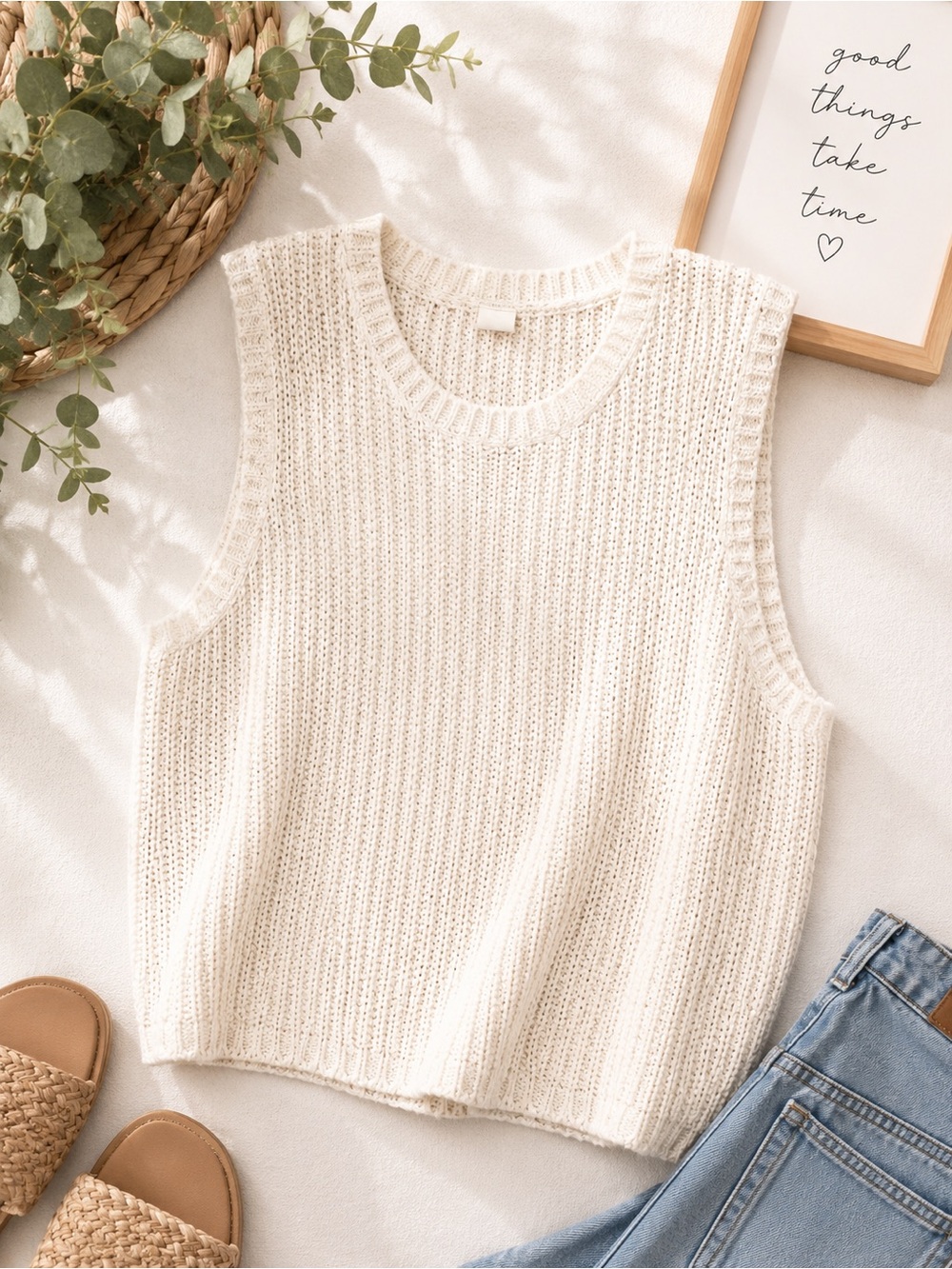 Old Navy Cream Ribbed Knit Sleeveless Tank 100% cotton